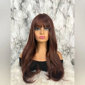 Burgundy Red Long Wig with Bangs 25 Inch